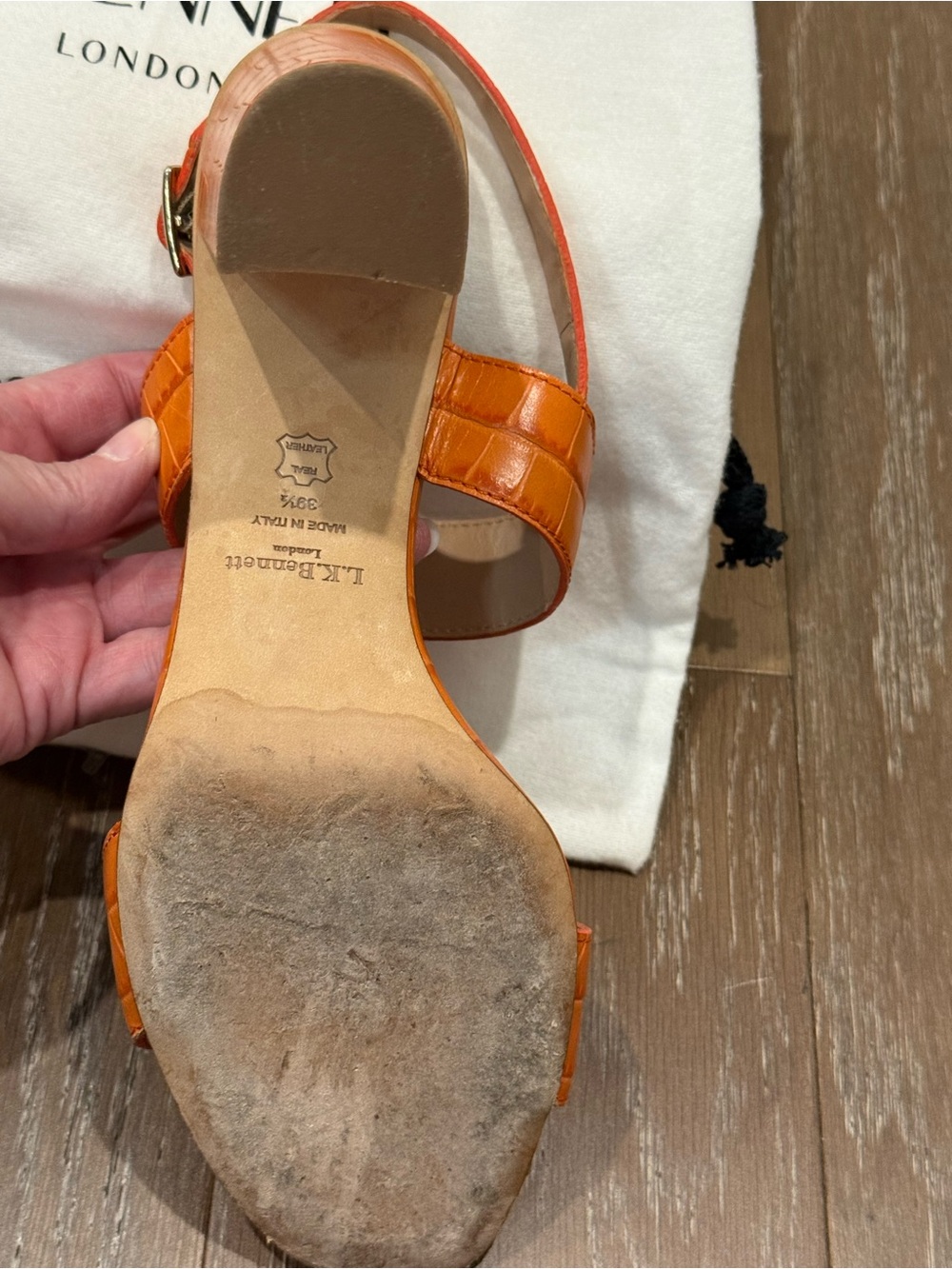 LK Bennett Orange Croc-Embossed Block Heel Sandals - Picture 9 of 11